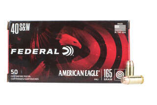 Federal American Eagle 40 S&W 165gr FMJ ammo features brass casing with a lead core